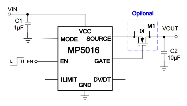Application Circuit Diagram - Monolithic Power Systems (MPS) MP5016/MP5016H Current Limit Switches